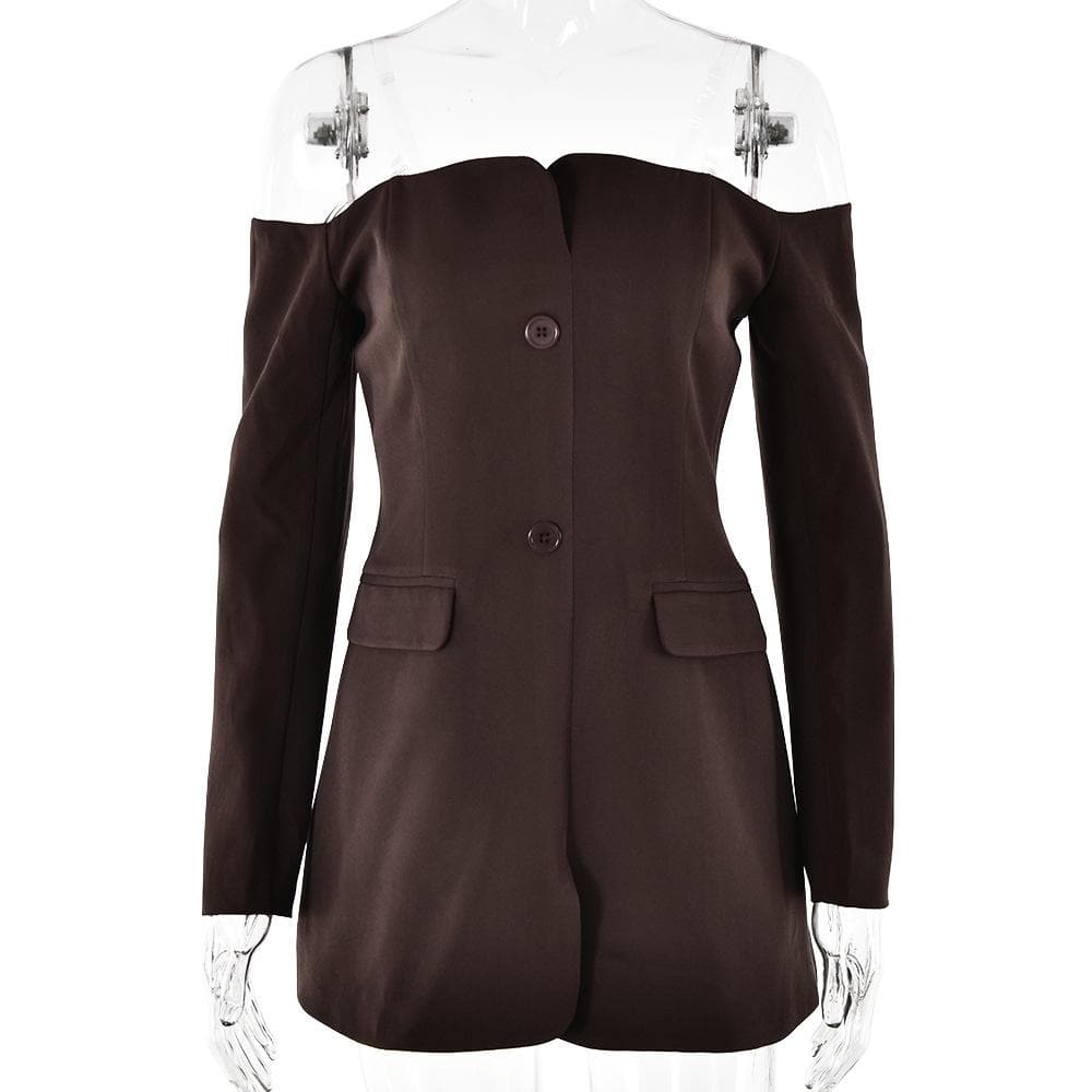 Long sleeve off shoulder button pocket mini dress
