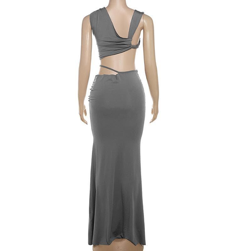 Ruched irregular solid crop maxi skirt set-final-sale