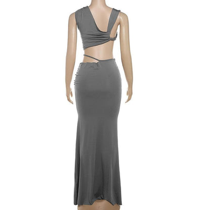 Ruched irregular solid crop maxi skirt set-final-sale
