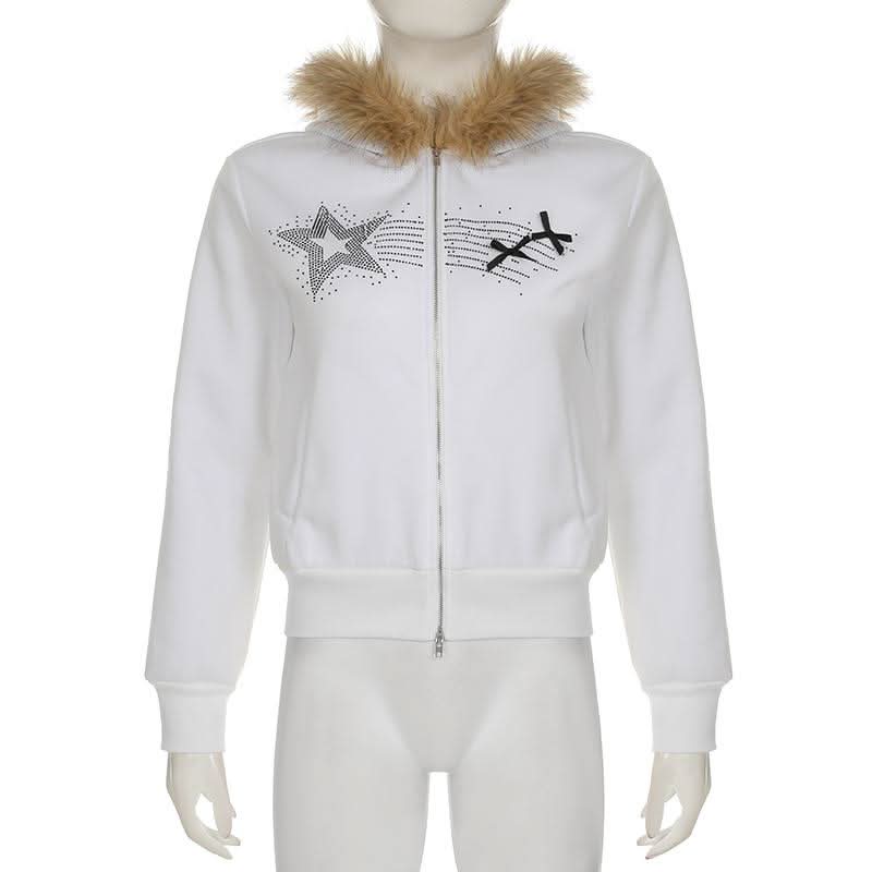 Zip-up beaded fluffy hoodie bowknot long sleeve top