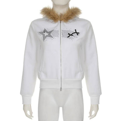 Zip-up beaded fluffy hoodie bowknot long sleeve top