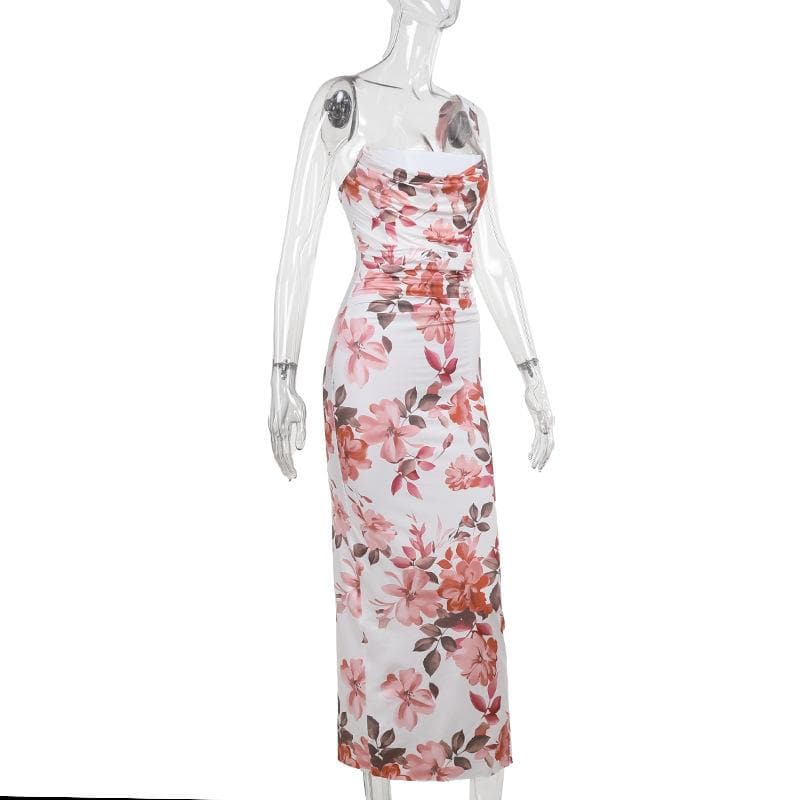One shoulder ruched flower print maxi dress