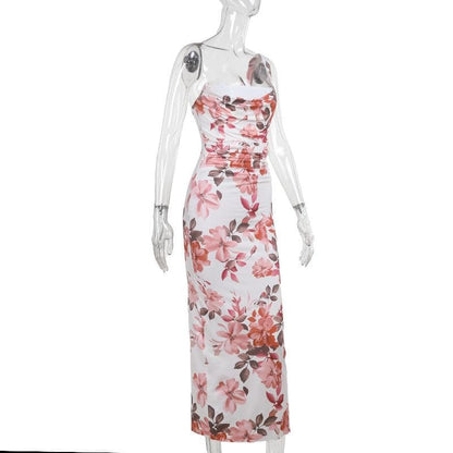One shoulder ruched flower print maxi dress
