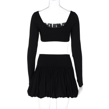 Long sleeve square neck ruched solid mini skirt set