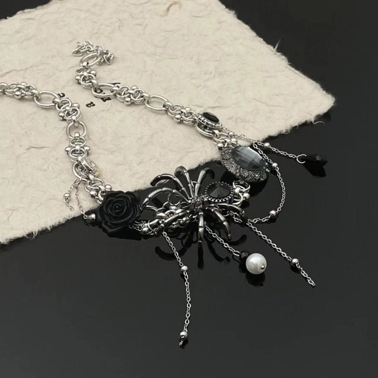 Spider rose beaded metal chain choker necklace