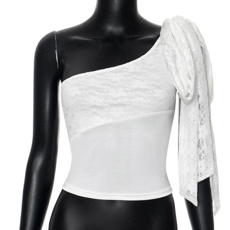 One shoulder lace knotted crop top