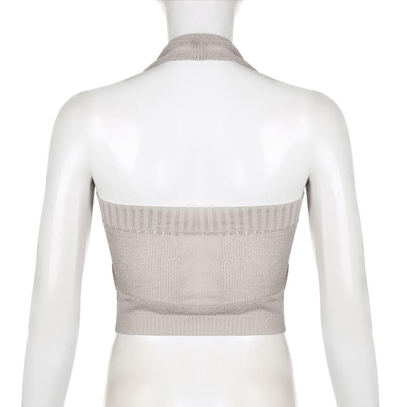 Halter knitted ribbed backless solid top