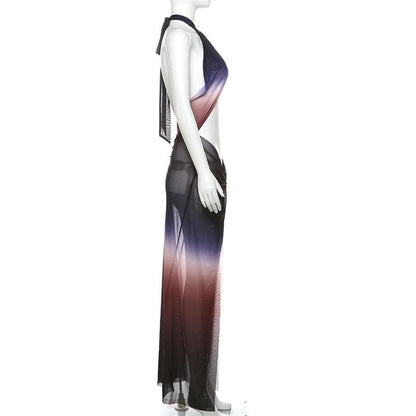 Ruched halter self tie cross front sheer mesh gradient maxi dress