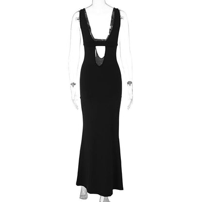 Sleeveless low cut hollow out solid backless cut out maxi dress-final-sale