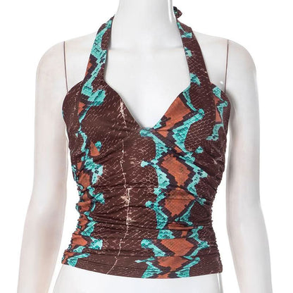 Ruched self tie halter v neck print contrast top