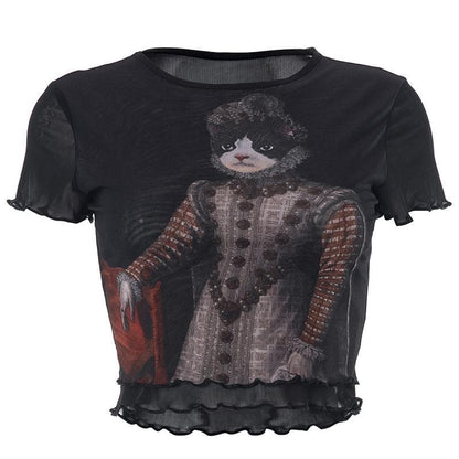 Mesh cat pattern short sleeve ruffle contrast crop top