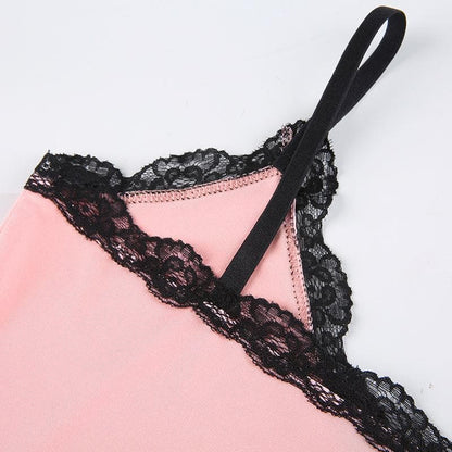 V neck slit lace hem bowknot cami mini dress