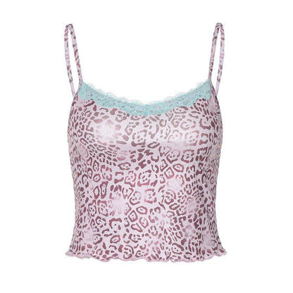 Print lace hem u neck backless cami top