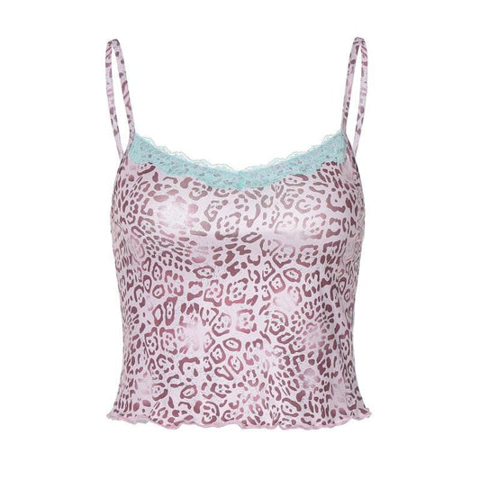 Print lace hem u neck backless cami top
