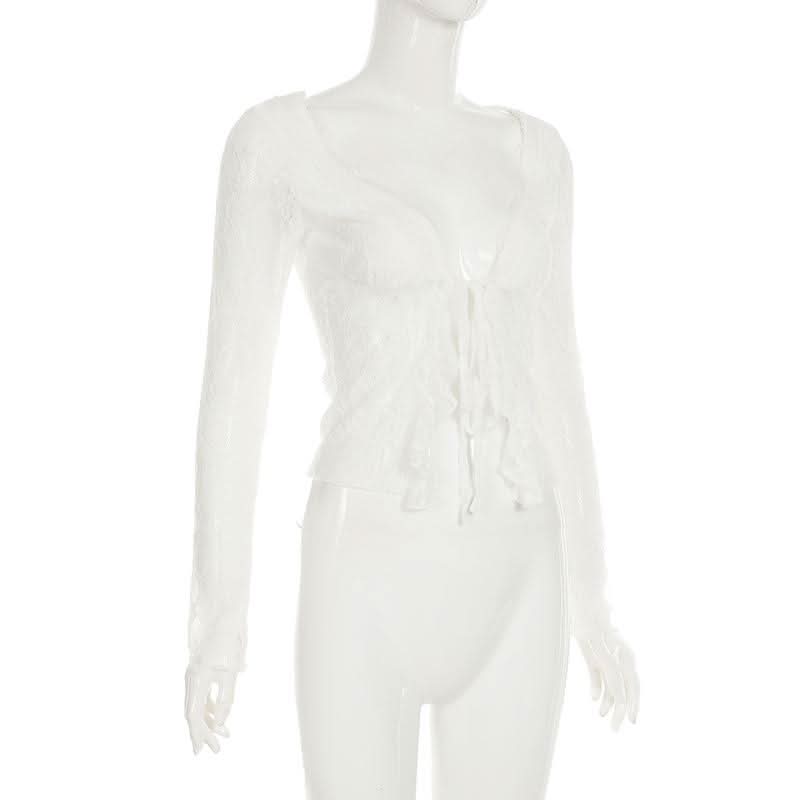 Long sleeve lace ruffle irregular self tie top