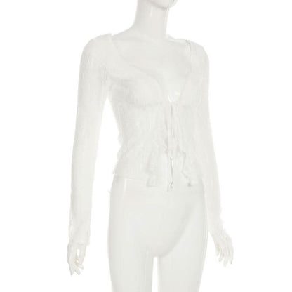 Long sleeve lace ruffle irregular self tie top