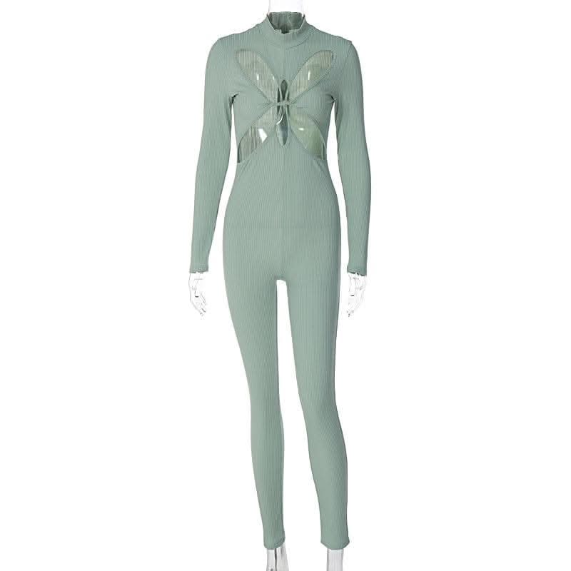 Hollow out long sleeve solid zip-up high neck jumpsuit - Final Sale-final-sale