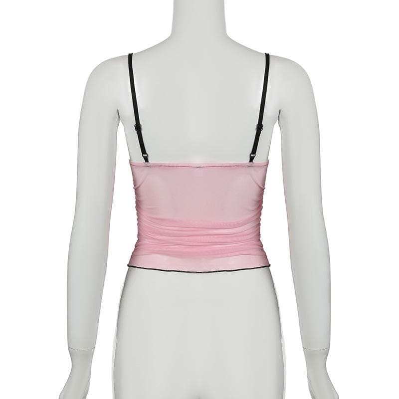 Sheer mesh ruffle drawstring cami top