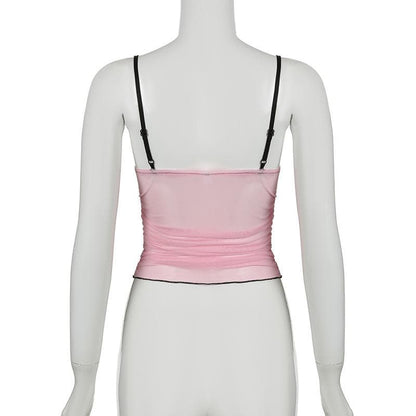 Sheer mesh ruffle drawstring cami top
