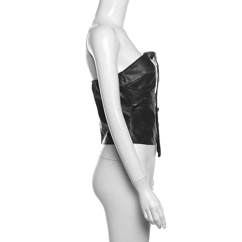 Buckle PU leather zip-up backless tube crop top