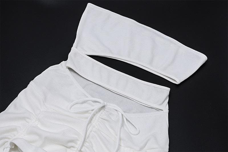 Solid irregular gloves off shoulder drawstring hollow out cut out mini dress