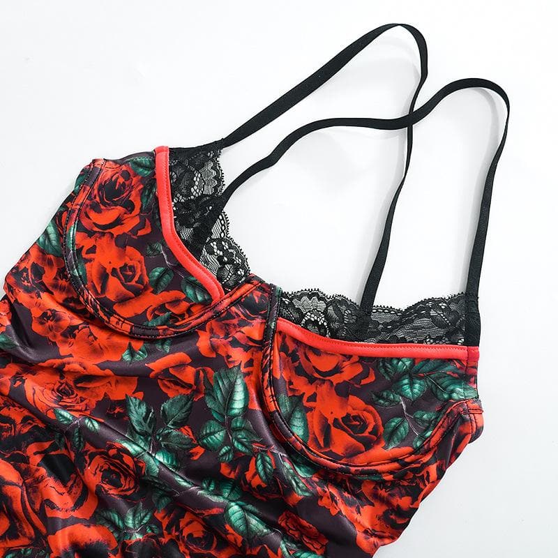 Floral Print Sweetheart Lace Trim Ruched Bodycon Cami Mini Dress