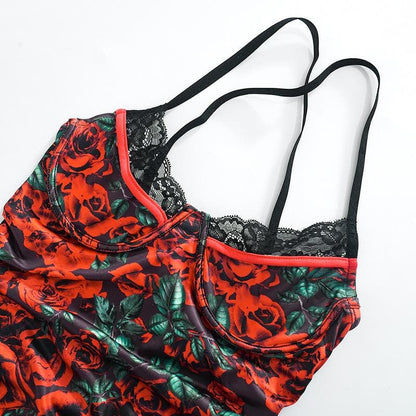 Floral Print Sweetheart Lace Trim Ruched Bodycon Cami Mini Dress