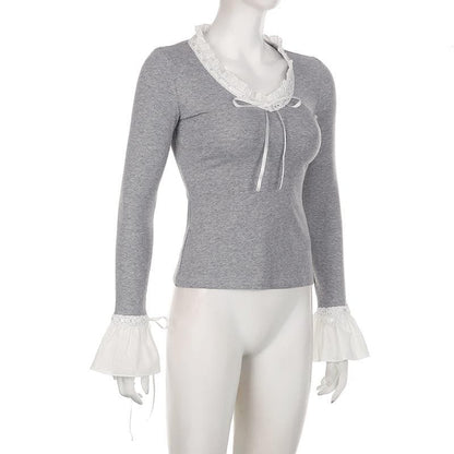 Flared sleeve ruffle patchwork long sleeve contrast top