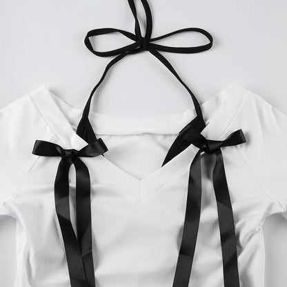 Halter v neck long sleeve bowknot top