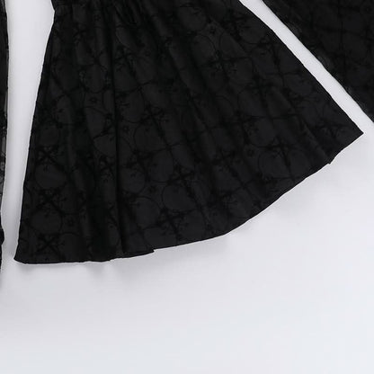 Long flared sleeve off shoulder cross applique mini dress