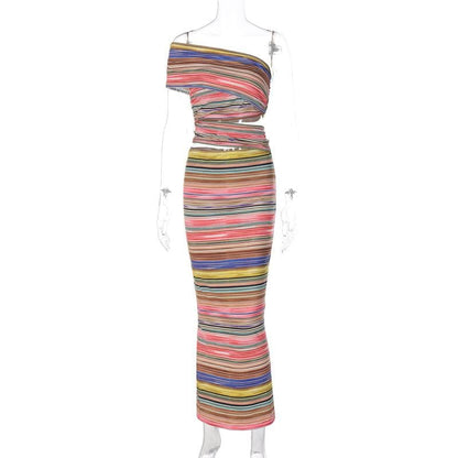 One shoulder contrast striped hollow out slit cut out maxi dress