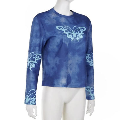 Butterfly pattern long sleeve tie dye crewneck top-final-sale