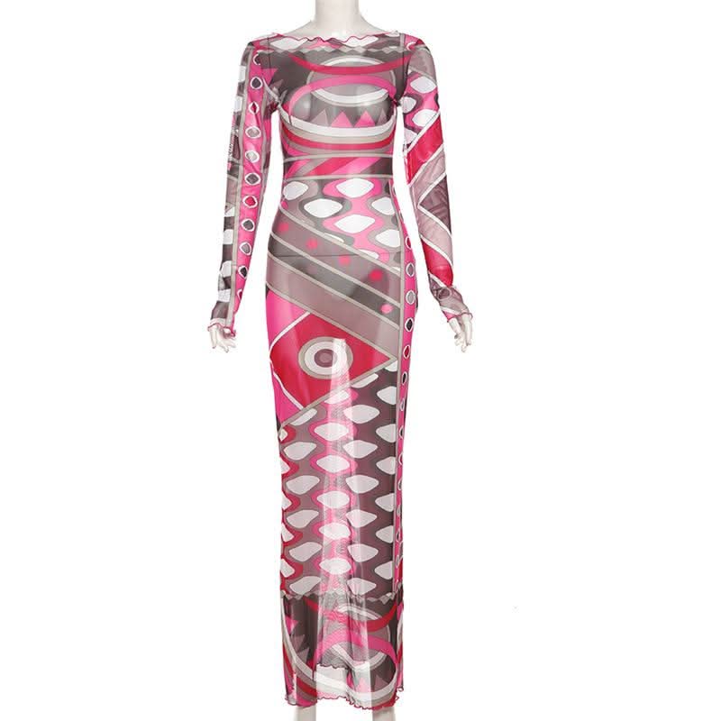 Long sleeve ruffle abstract mesh maxi dress