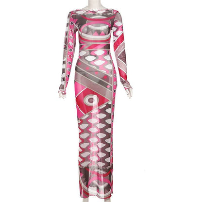 Long sleeve ruffle abstract mesh maxi dress