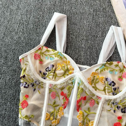 Flower embroidery bustier mesh cami top