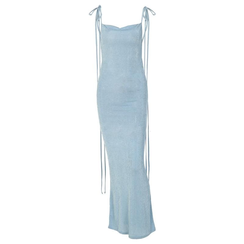Cowl Back Tie Shoulder Spaghetti Strap Bodycon Maxi Dress