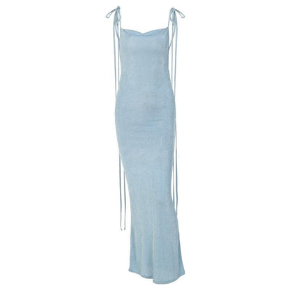 Cowl Back Tie Shoulder Spaghetti Strap Bodycon Maxi Dress