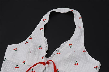 Halter fruit print button ruffle knotted textured top