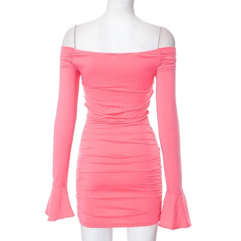 Flower applique hollow out ruched long flared sleeve cut out mini dress