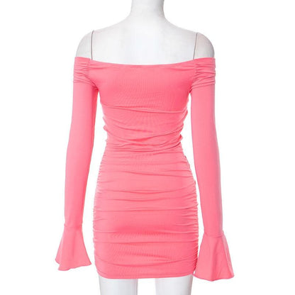 Flower applique hollow out ruched long flared sleeve cut out mini dress