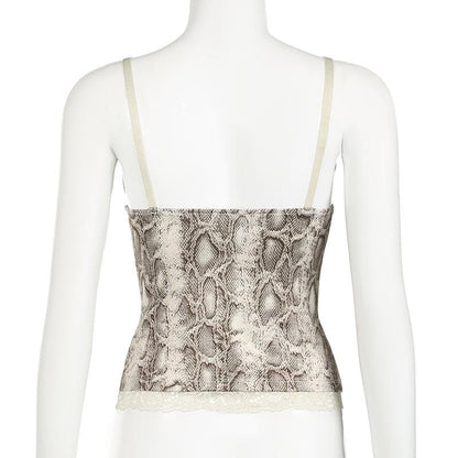 Snake print v neck lace hem cami top