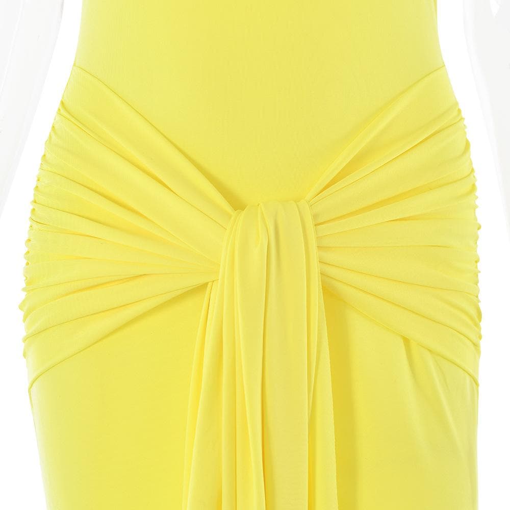 Sleeveless crewneck ruched knotted solid maxi dress