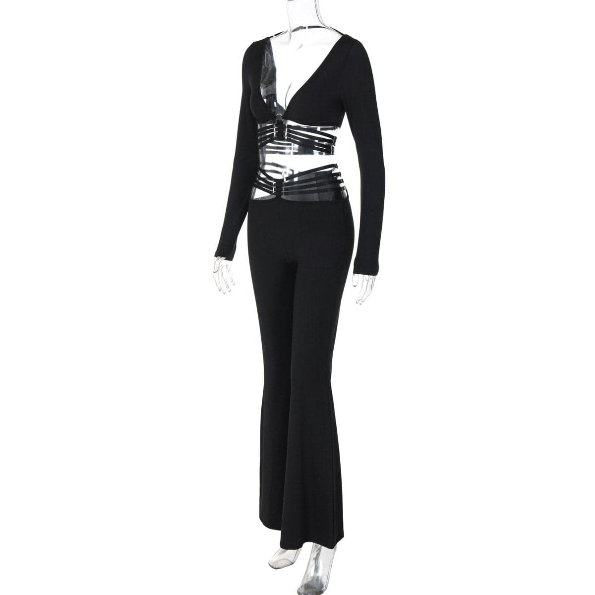 Long sleeve o ring button wide leg low rise pant set