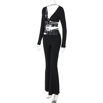 Long sleeve o ring button wide leg low rise pant set
