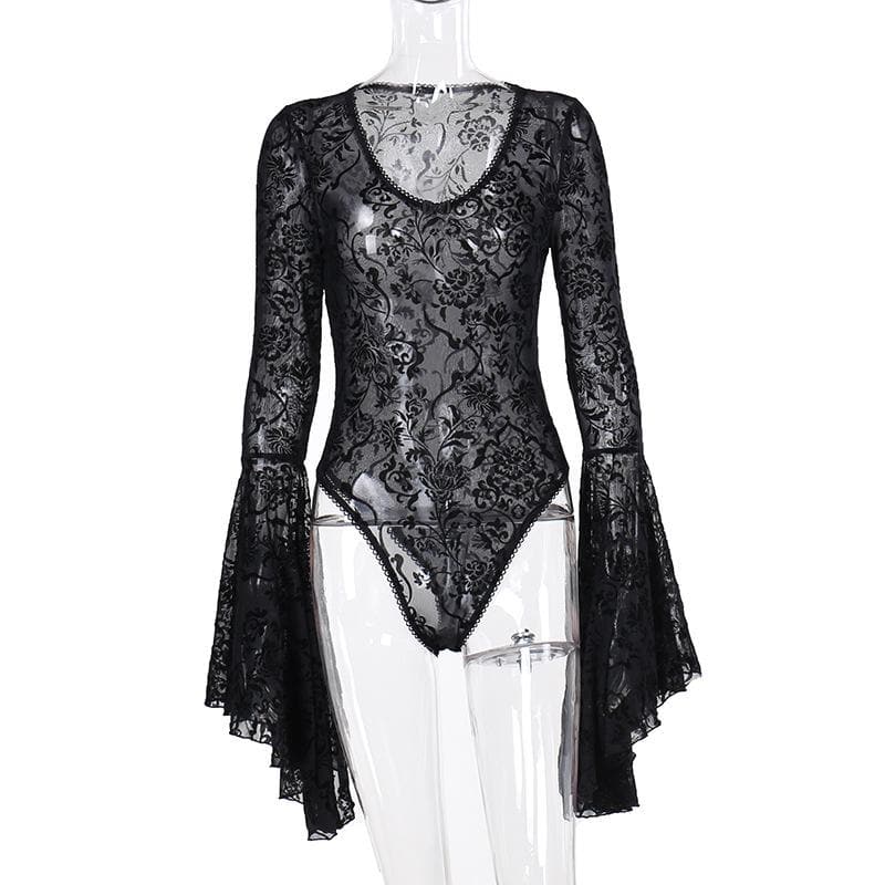 Long flared sleeve ruffle bowknot mesh see through bodysuit