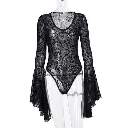Long flared sleeve ruffle bowknot mesh see through bodysuit