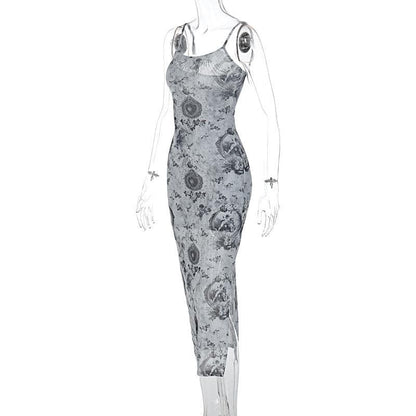 Slit contrast print sheer mesh see through u neck cami midi dress