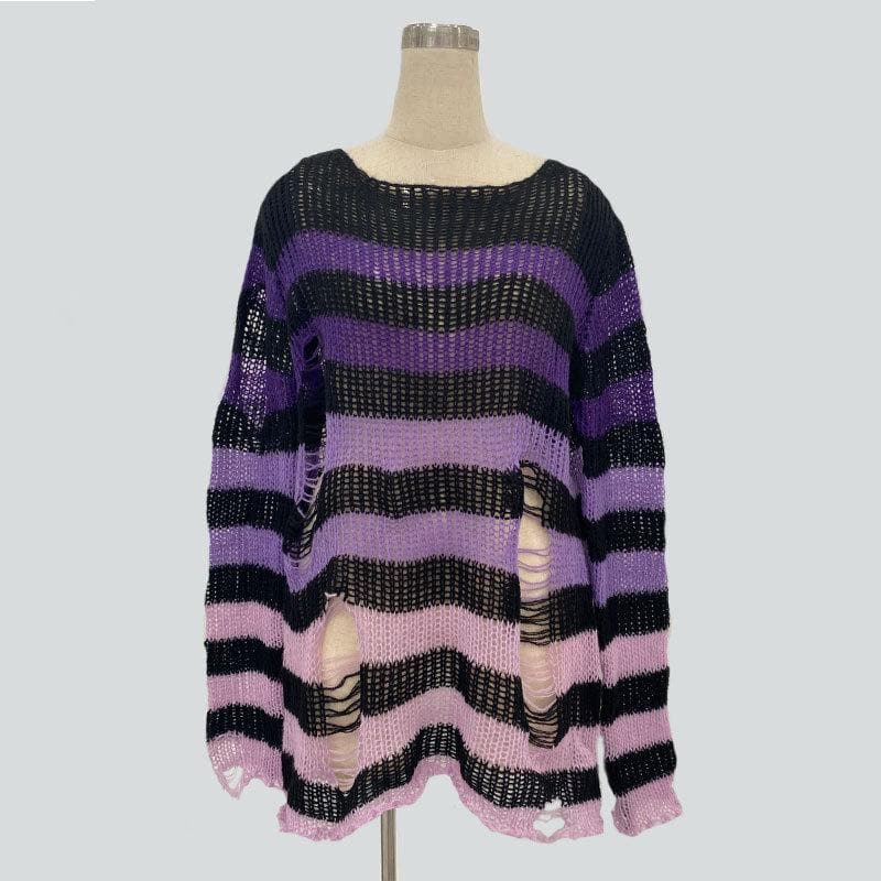 Gradient hollow out contrast striped long sleeve crochet cut out top