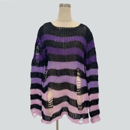 Gradient hollow out contrast striped long sleeve crochet cut out top