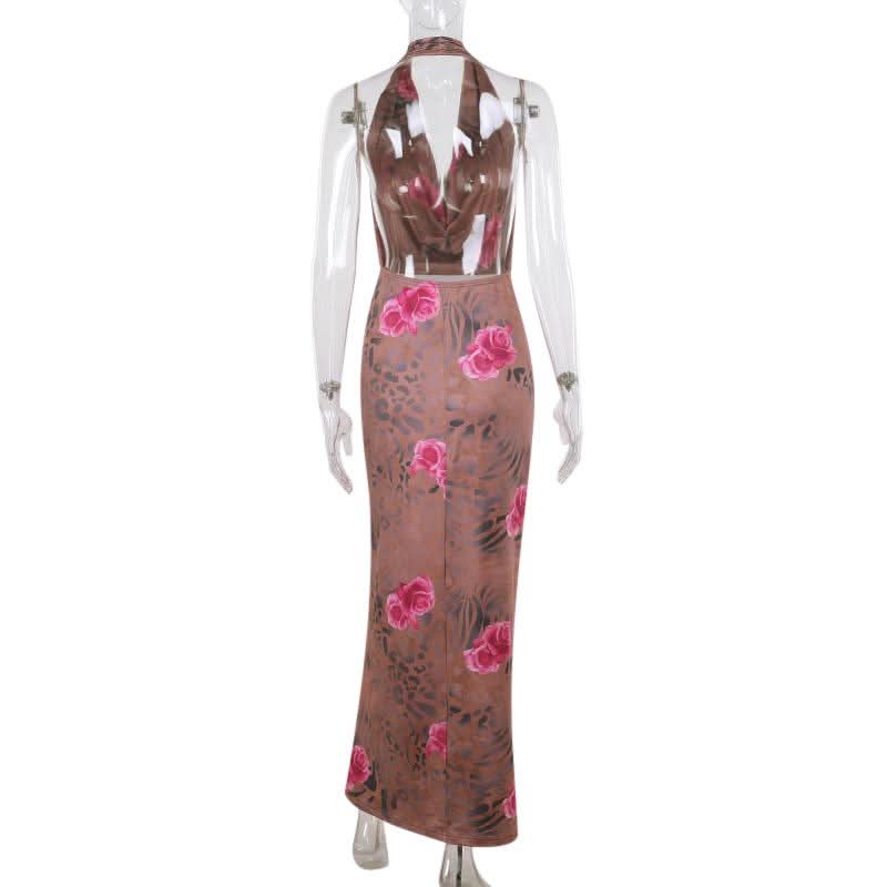 Halter cowl neck flower print ruched maxi dress